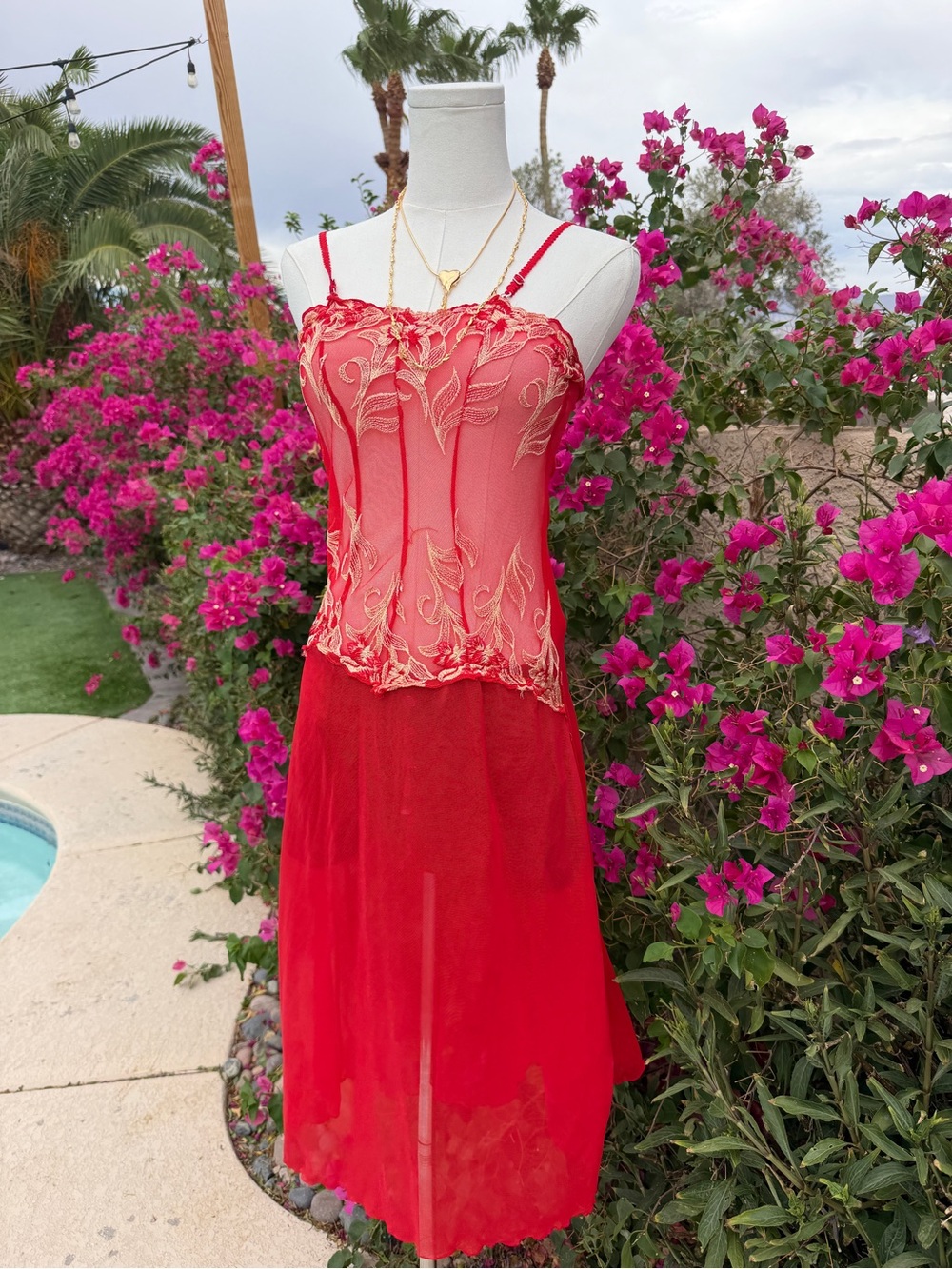 Vintage Red & Gold Lace Mesh Slip Dress - Unbranded